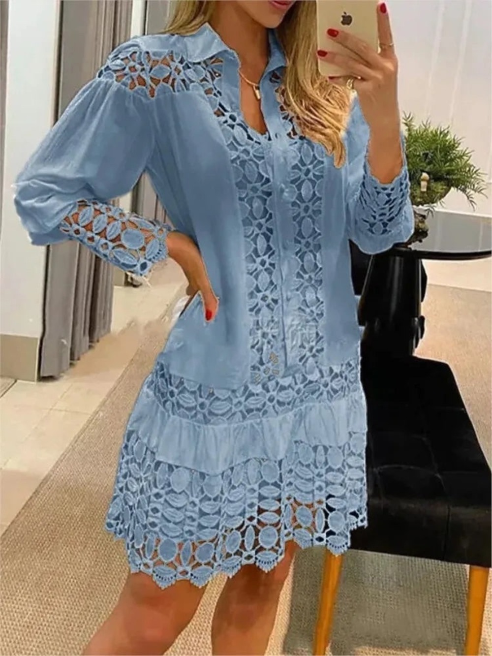 Hekka Blue Lace Shirt Dress Collared Tiered Crochet Long Sleeve NWT Size S